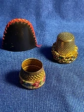 3 Vintage Thimbles-Taylor Open Top, Leather Handmade and Gold Tone w/Rhinestones