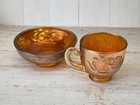 Pretty Fenton Carnival Glass Marigold Cat / Kittens Pattern Cup and Bowl Set