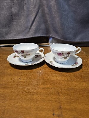 Two Tea cups and saucers, Red Rose, White Gold Trim,  service for 2