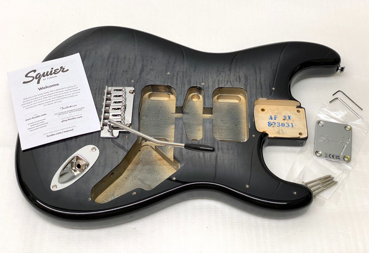 OEM ALL WOOD Fender Squier STRAT BODY Black Burst Flame OEM ALL WOOD Fender Squier STRAT BODY Black Burst Flame