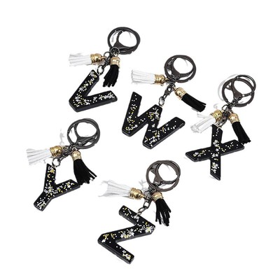 Black Initials A-Z Keychain Glitter Sequins Resin Letters Keyring With Tassel
