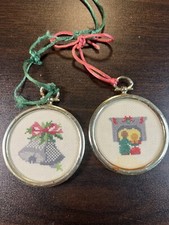 VTG Set of 2 Needlepoint Christmas Ornaments Round Framed Bells Kids Fireplace