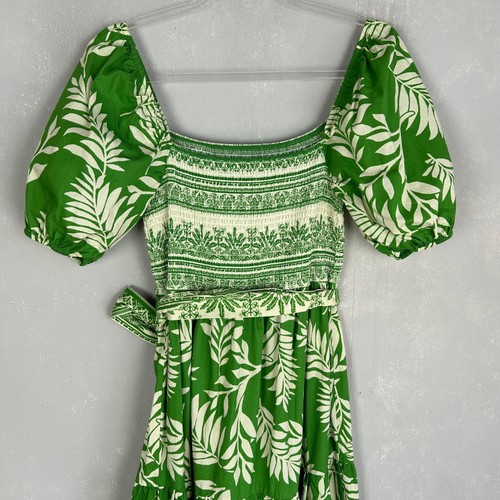Aura maxi dress size M square neck puff sleeve Kelly green leaf print cotton - Picture 7 of 11