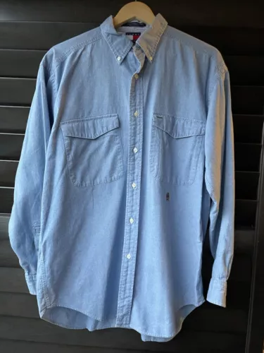 Tommy Hilfiger Vintage Medium Blue Long Sleeve Crest Logo Button Down  Cotton