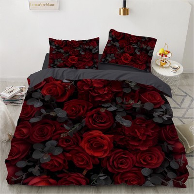 Red Rose Bush Flower Gothic Duvet Quilt Cover Bedding Set Queen Pillowcase
