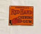 VINTAGE RED HAND CHEWING GUM PORCELAIN SIGN CAR GAS TRUCK GASOLINE OIL