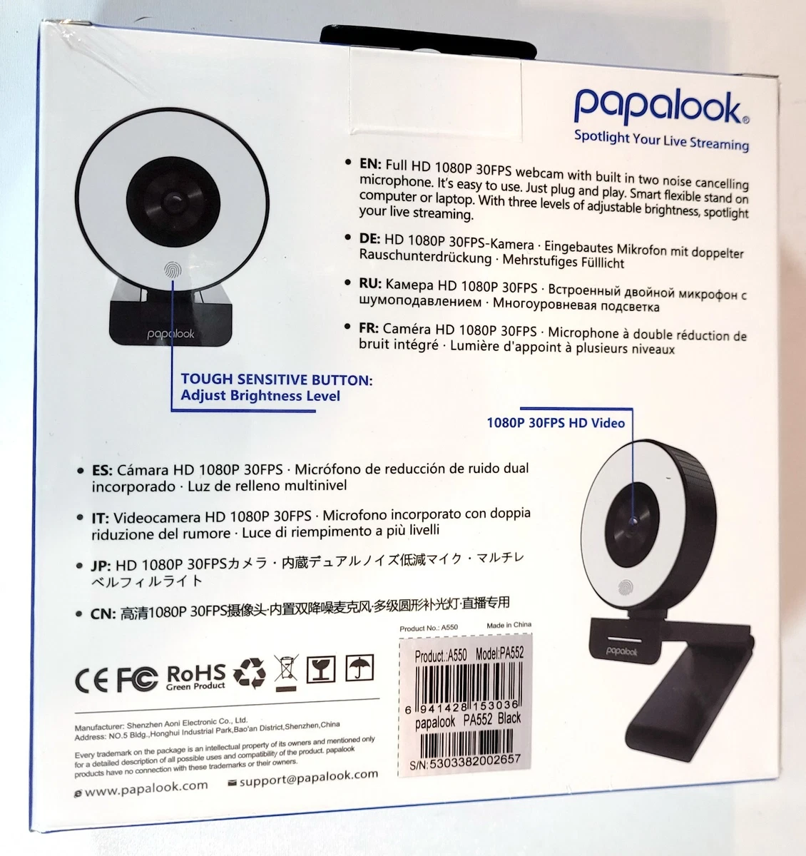 Papalook PA552HD 1080P Live Streaming Webcam with Ring Light
