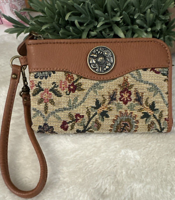 Vintage Floral  Tapestry Wristlet Wallet Women's Leather Strim By NICA