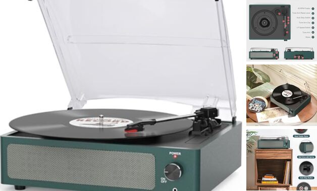 Record Player for Vinyl Turntable with Built-in Wireless Receiver & 2 Dark Blue