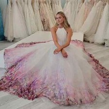 Halter Neck Floral Wedding Dresses Zipper Tulle Backless Sweep Train Bridal Gown