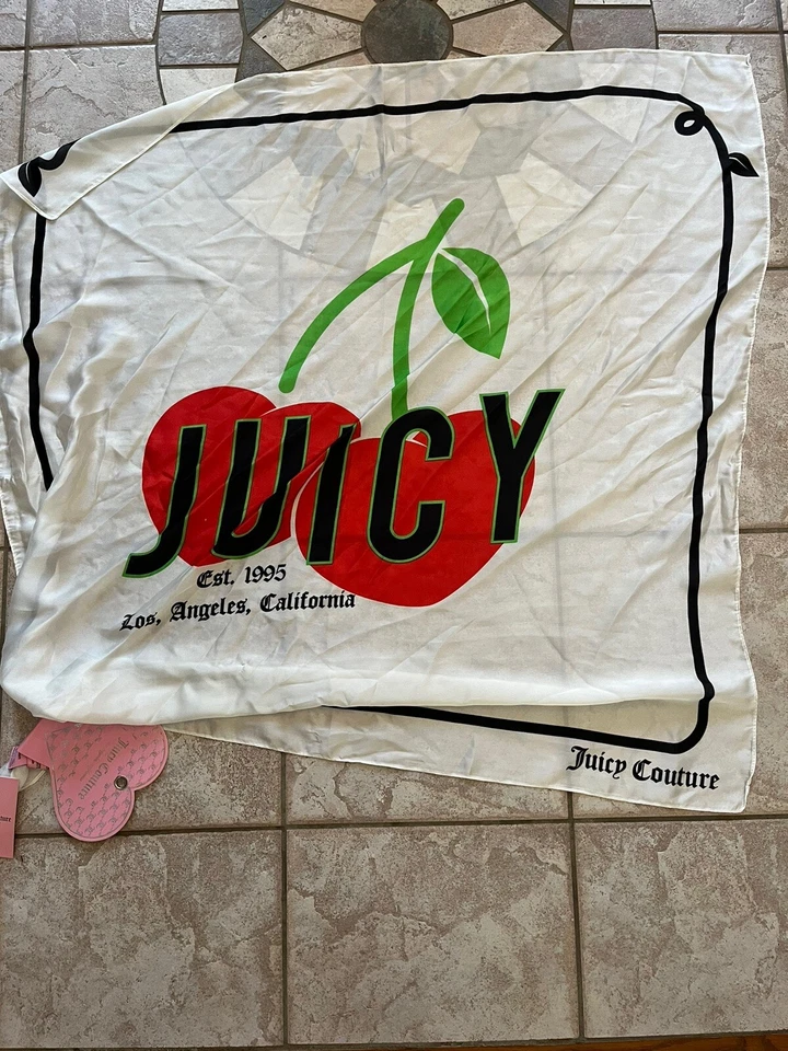 "Bufanda Juicy Couture seda roja cereza estampado logotipo NUEVO 36""" Foto 3 de 4