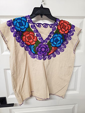 Handmade Embroidered Floral Huipil Top Women's S/M Cotton Woven Multicolor