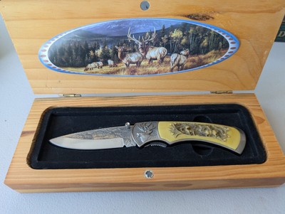 Elkridge Collectible Knife  Carved Handle In  Wooden Box