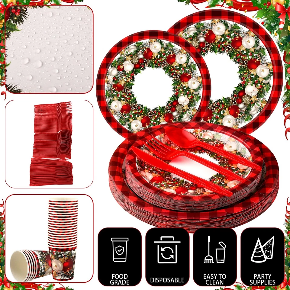 150 Pcs Buffalo Plaid Christmas Ball Tableware Set for 25 Guest, Farmhouse Ch... - Image 3 of 4