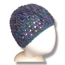 Handmade Knit Beanie Hat Purple Green Grey Crochet Womens Boho Cozy Cottage