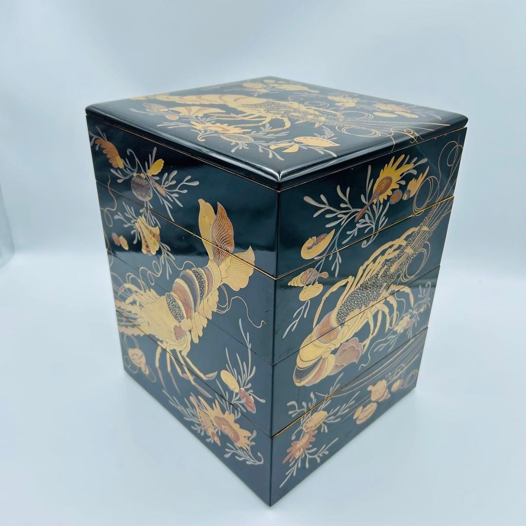 Antique Lacquer Jubako Food Box Seafood Design Decorative Piece