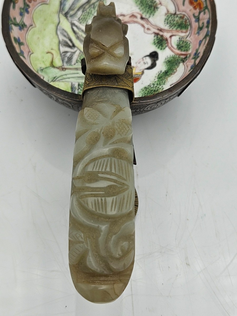 Antique Chinese Peking Enamel Cup Carved Nephrite Jade Dragon