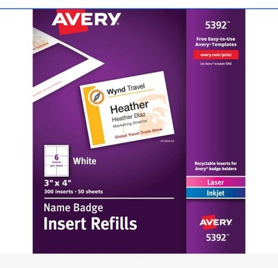 Avery 5392 Name Badge Insert Refills 3 x 4'' inch 50 sheets 300 inserts - white