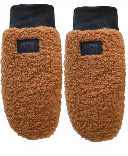 UGG Fluff Logo Tape Mitten Black Brown Tan Size S/M Small Medium Leather Fleece - Picture 4 of 12