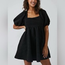 Free People EUC Black Puff Sleeve Tie Back Dress - festival girlycore goth