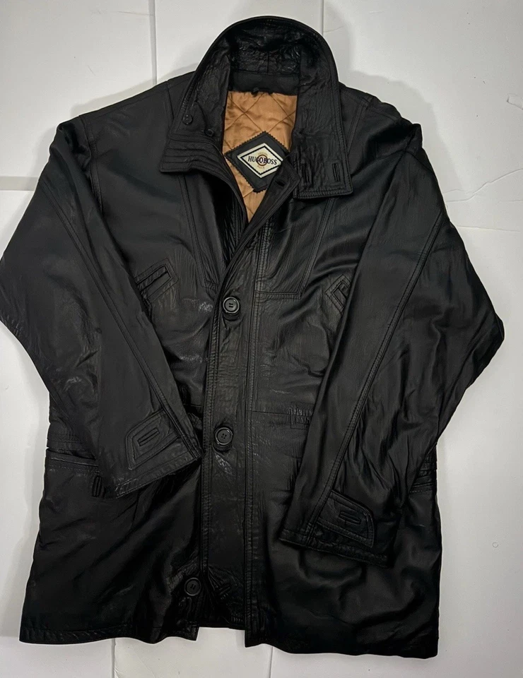 Auténtico abrigo de cuero negro vintage Hugo Boss EU 54 XL 80s forro satinado dorado Foto 4 de 4