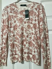NEW RALPH LAUREN LIGHT WHITE PINK FLORAL COTTON SWEATER SIZE M