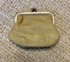 Antique Vintage Genuine Leather Kiss Lock Manilla Coin Purse Tan Beige Leather