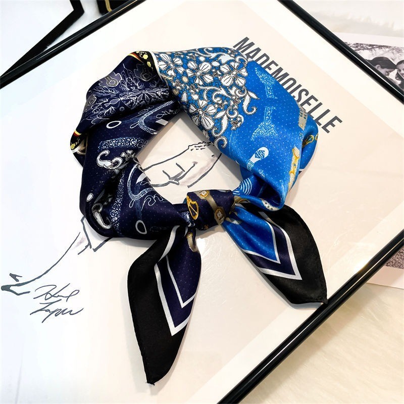 100% Silk 21'' Small Scarf Women Neckerchief Bandana Fashion Blue Wrap 53*53cm