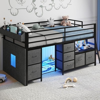 Twin Low Loft Bed with 7 Storage Drawers, Bookcase and LED Lights, Metal Kids 