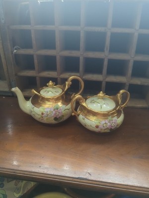 Weimar Pickard Gold Peonies Floral Teapot & Sugar Bowl Signed Hessler