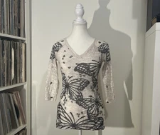 Y2K INC Sheer 3/4 Sleeve Butterfly Pattern Slim Rhinestone Beaded Top Women’s S