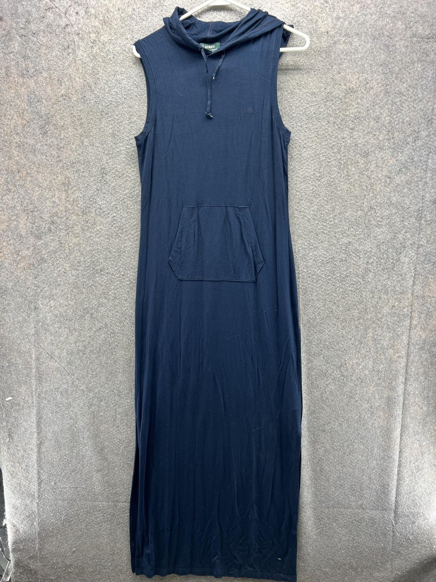Lauren Ralph Lauren Dress Womens Small Blue Hooded Tank Maxi Jersey Pocket  | eBay