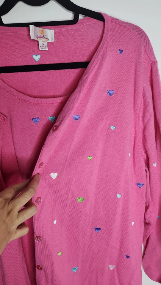 Quacker Factory Sweater Womens 2X Pink Heart Embroidered Cardigan Tank Twinset - Image 4 of 4