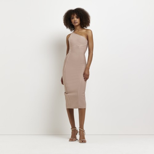 River Island Womens Bodycon Midi Dress Stone One Shoulder Zip Sleeveless - Picture 2 of 9