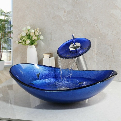 US Bathroom Vessel Sink Deck Mounted Bule Oval Basin Bowl Chrome Brass Mixer Tap - Picture 4 of 8