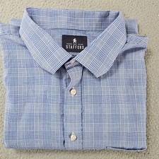 Stafford Dress Shirt Men's 18 34/35 Blue Check Travel Broadcloth Long Sleeve