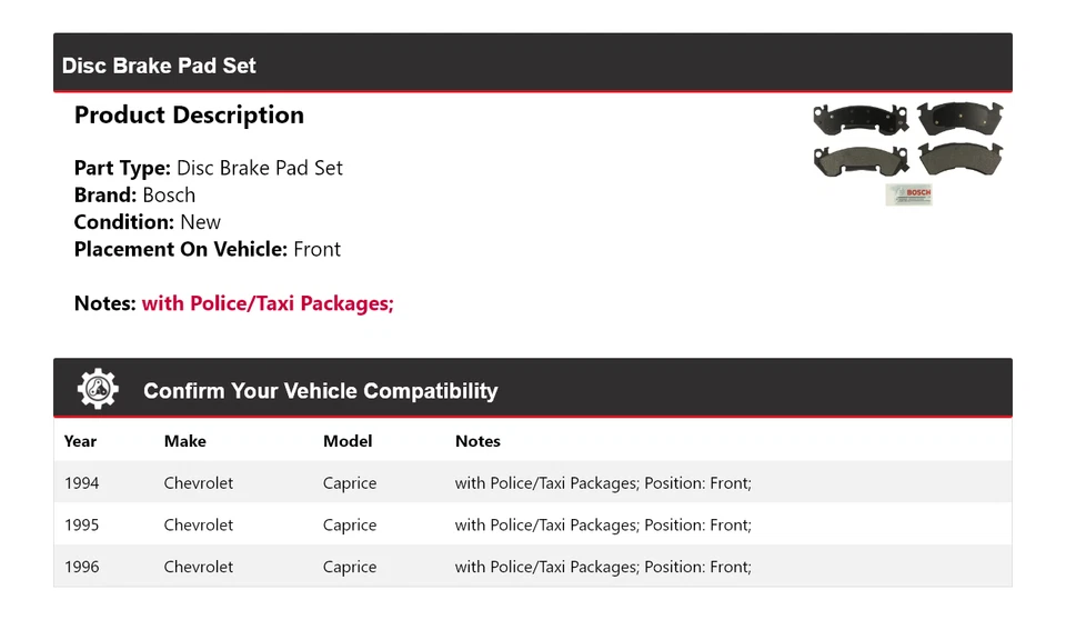 For 1994-1996 Chevrolet Caprice Bosch Semi-Metallic Brake Pads Front 1995 - Imagem 2 de 3