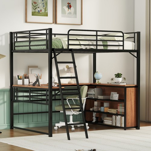 Full Size Metal Loft Bed 3 Layers Shelves L-shaped Desk Black