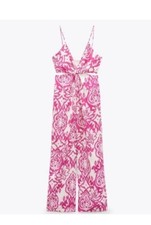 Zara Printed Jumpsuit Hot Pink White Cut Outs Pants Sleeveless XS Date Resort