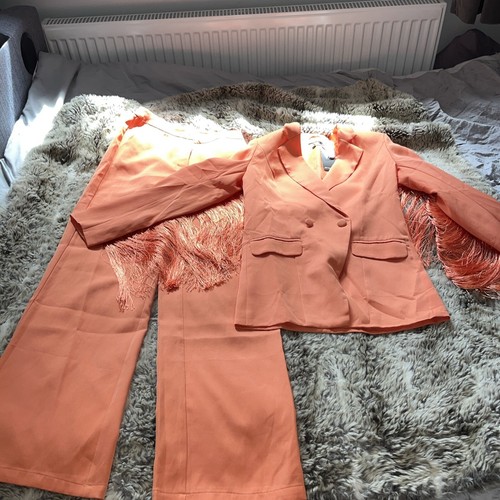 Ladies Orange Double Breasted Long Wide Leg Blazer Formal Trouser Suit