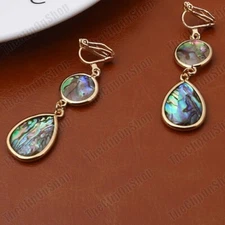 CLIP ON retro ABALONE SHELL drop EARRINGS paua GOLD FASHION long geometric paua
