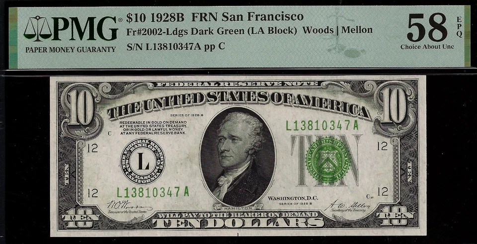 4 consecutive 1928B $10 Federal Reserve Note PMG 58EPQ San Francisco Fr 2002-L - Image 3 of 4