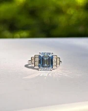 Solid 18K White Gold 4.40Ct Emerald Cut Real Aquamarine & Diamond Wedding Ring 6