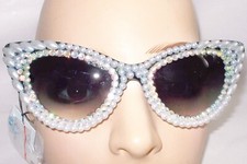 SUNGLASSES CATEYE SHAPED BLACK WITH RHINESTONES  PEARLS BEAUTIES FREE US SHIP
