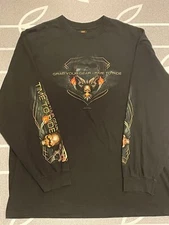 Vintage HOT LEATHERS Skull Eagle Flames Biker Motorcycle T-Shirt Black Size XXL