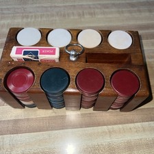 Vintage Poker Chips Clay Or Bakelite 200 W/ Wooden Caddy Fits 2 Decks Of Cards