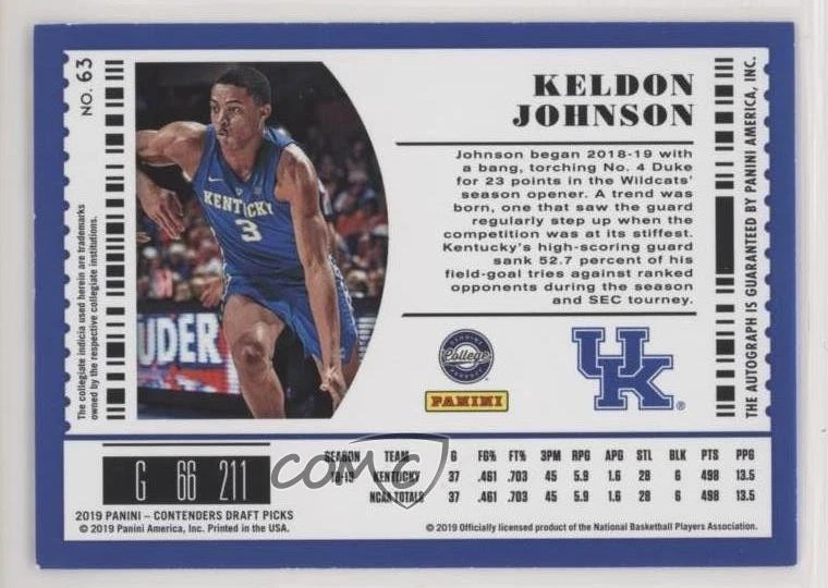 2019 Contenders Draft Picks RPS College Ticket Keldon Johnson #63 Rookie Auto RC - Image 2 of 2