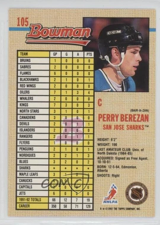 1992-93 Bowman Perry Berezan #105 - Image 2 of 2