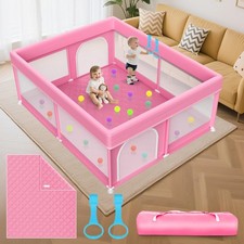 Large Baby Playpen with Mat - Soft Mesh Safety Yard for Toddlers, Pink