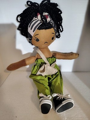 HarperimanDoll Handmade Black Girl Doll With Head Wrap Green Pants Sneakers 14''